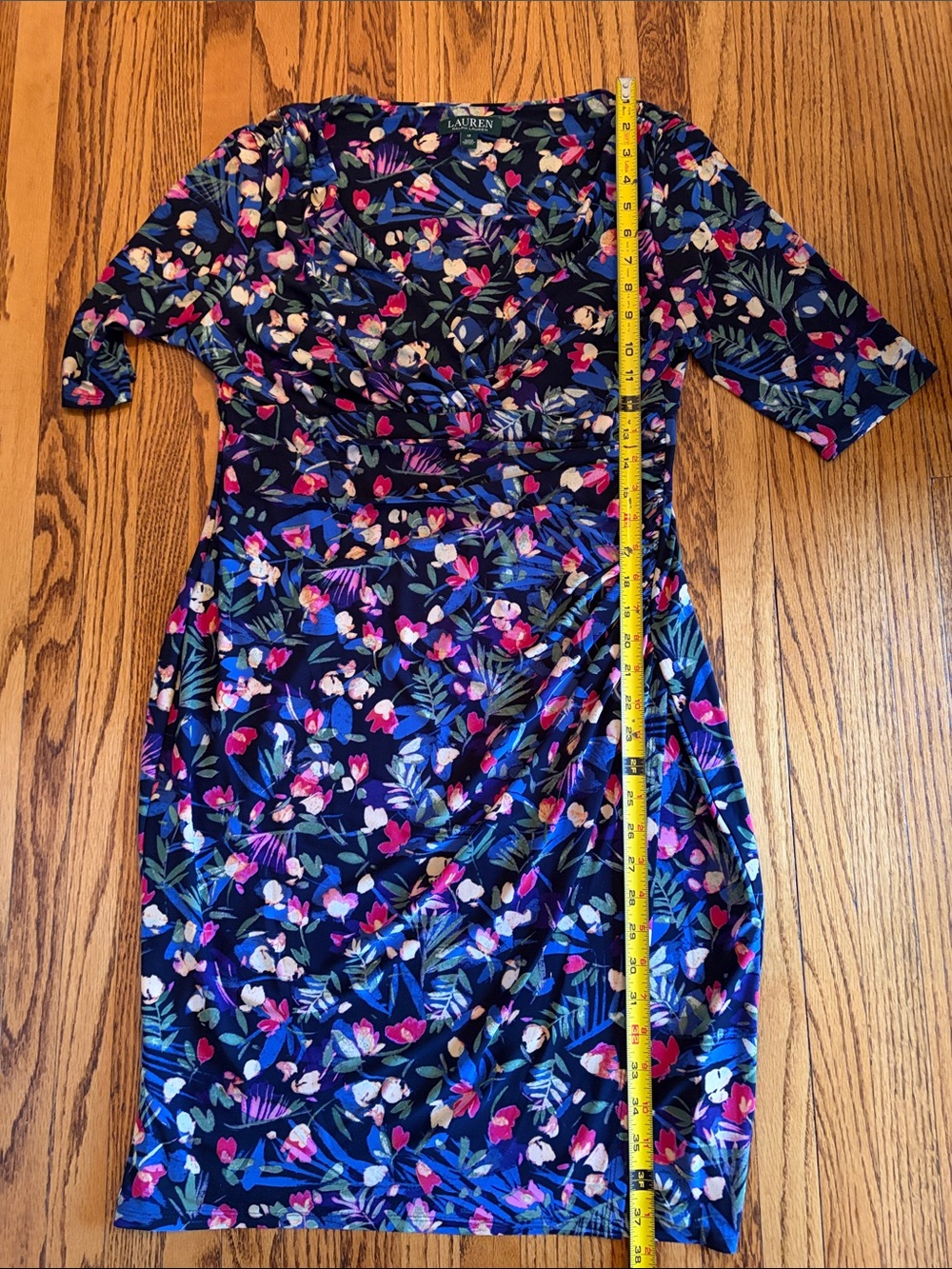 Lauren 12 Floral Wrap-Style Womens Dress in Navy w/Pink&Green Accents - Picture 7 of 8